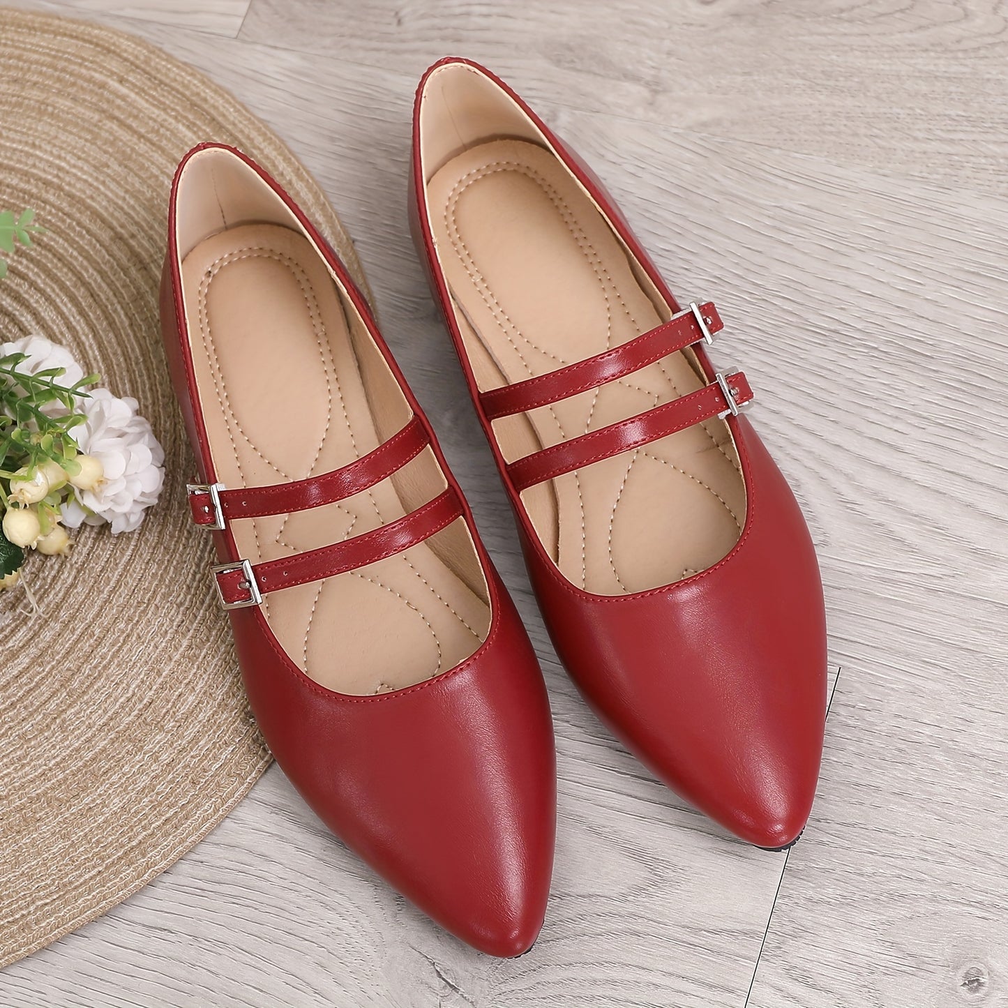 Pointed Red Single Shoes for Women Mary Jane Flat Versatile Retro Soft Cover with One-Word Buckle and Airy Choker Light Mouth Golden French Women's Shoes