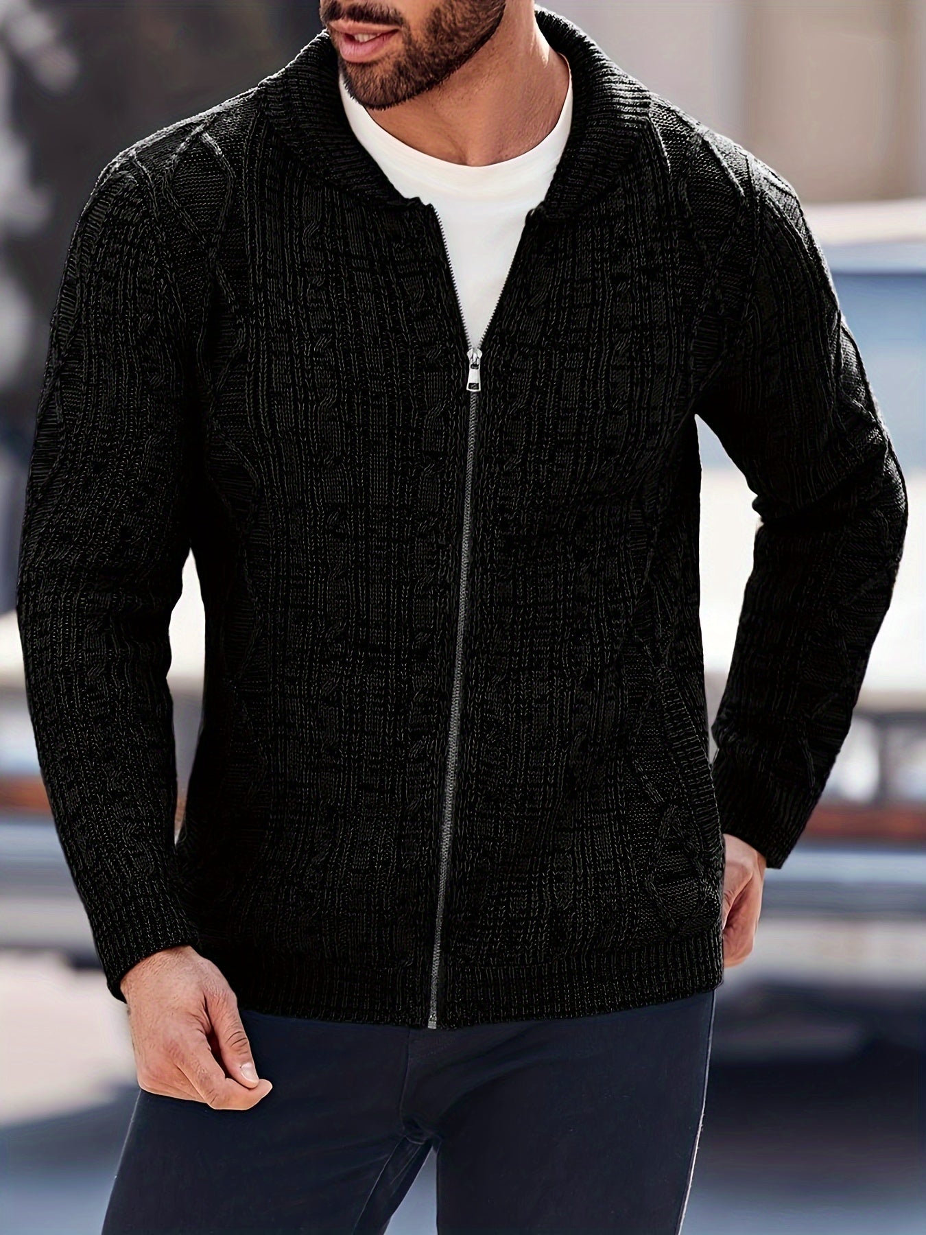 Mens Shawl Neck Cardigan Sweater Cable Knit Zip Up Closure with Pockets Winter Jacket Outerwear