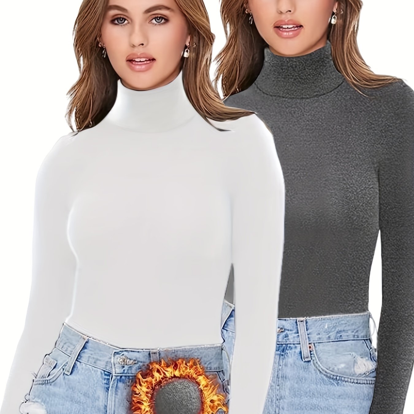 2-Pack Women'S Warm High Neck Turtleneck Long Sleeve Shirts, Casual Solid Color Knit Fabric Tops, Polyester 90% Spandex 10%, Regular Length for Fall/Winter