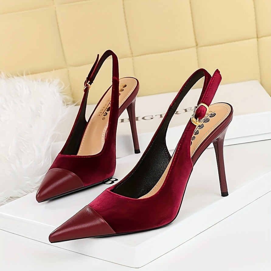 [Velvet High Heels] Velvet High Heels Women's Shoes - Thickened Velvet Patchwork Pointed Toe Hollow Back Buckle Single Shoes with Light Mouth