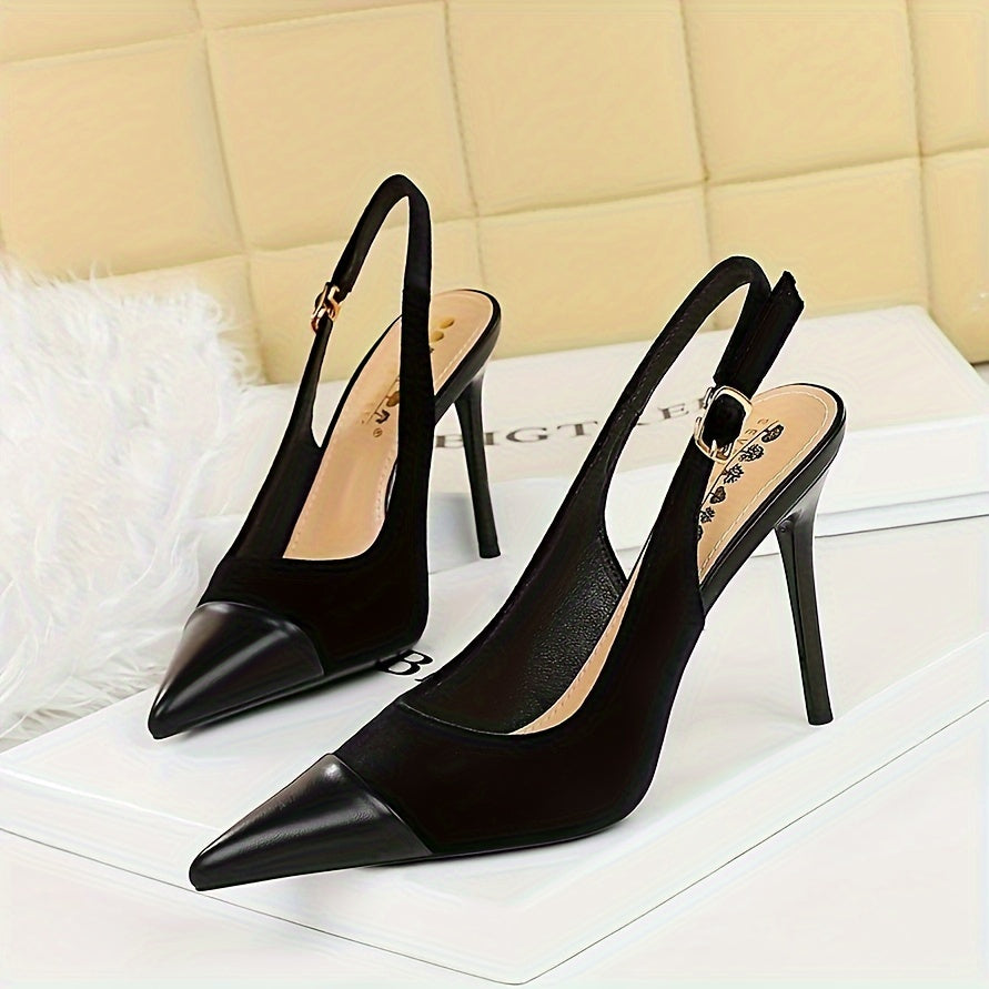 [Velvet High Heels] Velvet High Heels Women's Shoes - Thickened Velvet Patchwork Pointed Toe Hollow Back Buckle Single Shoes with Light Mouth