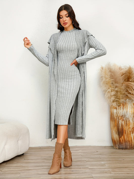 Chic Ribbed Two-piece Dress Set - Solid Color Sleeveless Tank & Ruffle-Trim Long Sleeve Cardigan - Womens Casual to Dressy Outfit