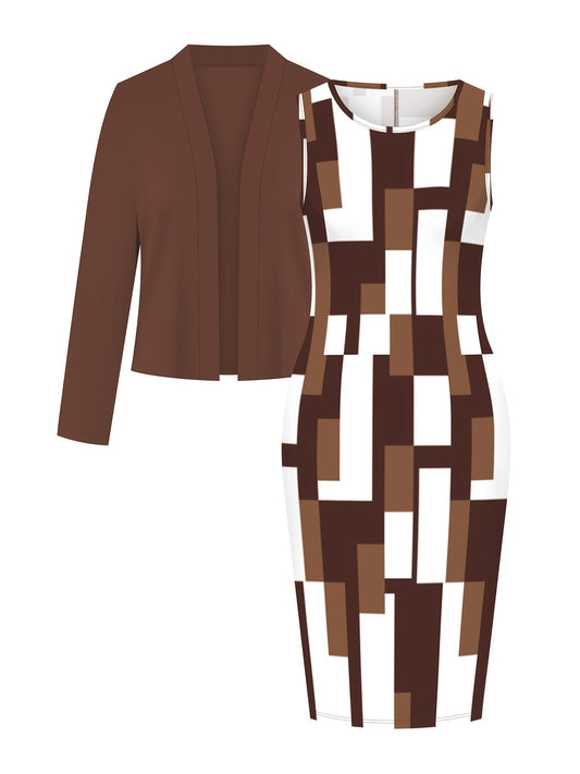 Elegant Women'S Two-Piece Dress Suit Set - Long Sleeve Solid Cardigan Jacket & Geometric Print Knit Dress - Polyester Blend with Stretch (95% Polyester, 5% Elastane) - Versatile All-Season Wear