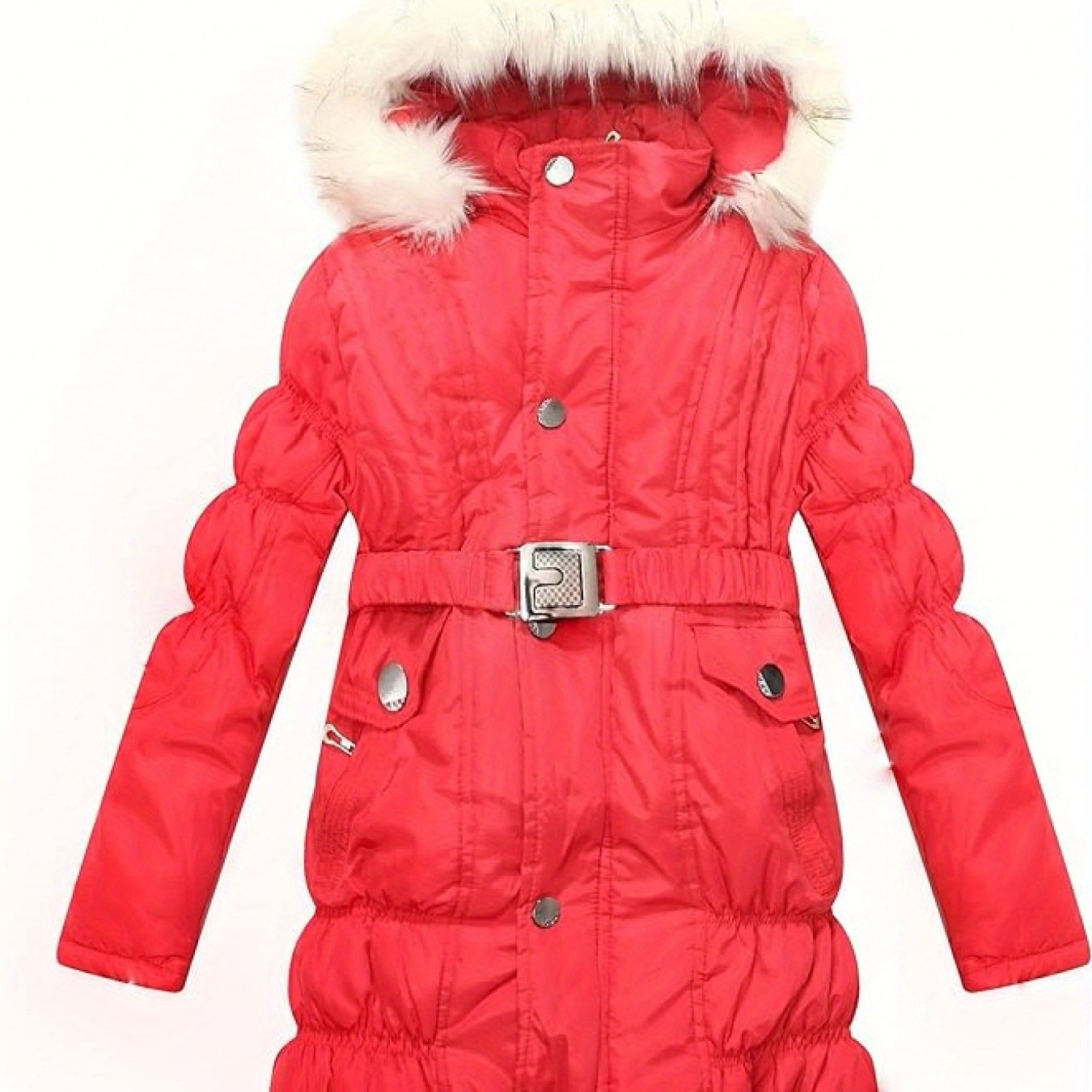 [Long Sleeve Fuzzy Winter Parkas] Amemory In Girls Winter Parkas Long Sleeve Fuzzy Hooded Padded Winter Jacket with Belt