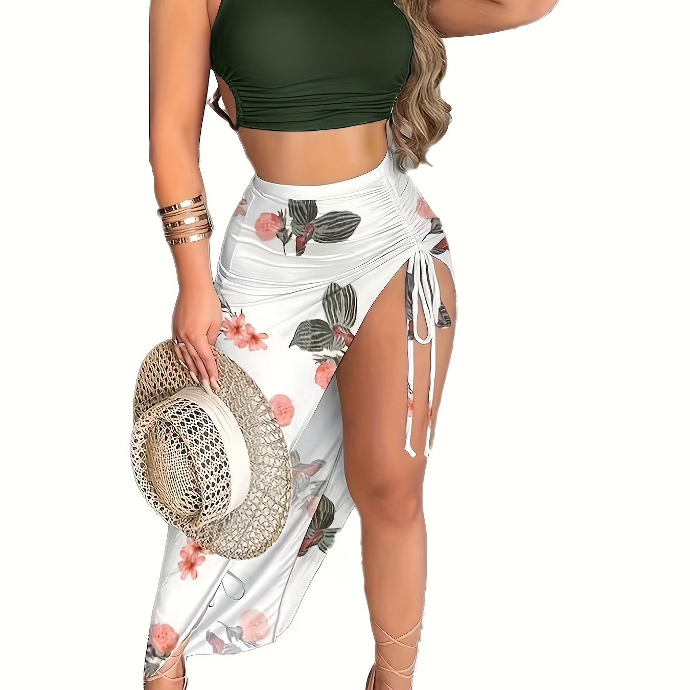 Casual Spring & Summer Two-piece Set, Solid Slim Cropped Tops & Floral Print Split Thigh Skirts Outfits, Women's Clothing
