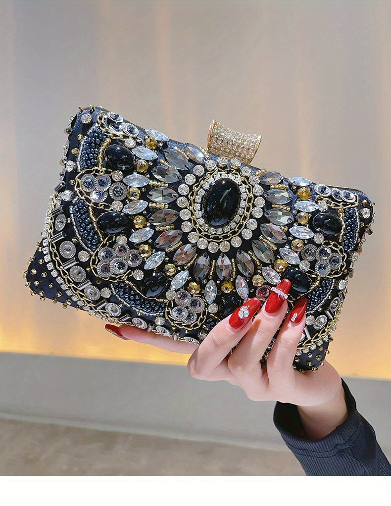 [One Beaded Rhinestone Evening Bag] Beaded Rhinestone Evening Bag, Elegant Box Clutch Purse, Women's Wedding Handbags For Party Prom