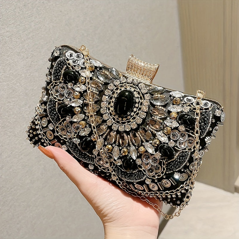 [One Beaded Rhinestone Evening Bag] Beaded Rhinestone Evening Bag, Elegant Box Clutch Purse, Women's Wedding Handbags For Party Prom