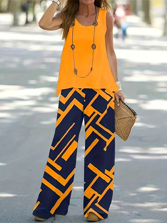 Chic Womens Two-piece Set - Sleeveless Vest Tops with Geo Print Wide Leg Pants - Casual Spring & Fall Outfit for Effortless Style