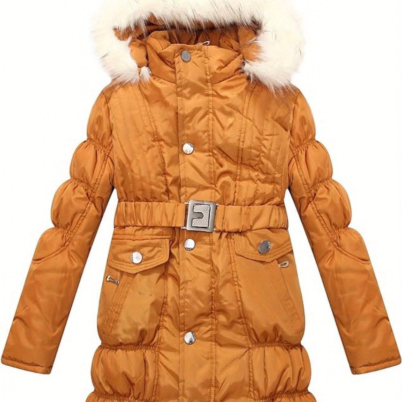 [Long Sleeve Fuzzy Winter Parkas] Amemory In Girls Winter Parkas Long Sleeve Fuzzy Hooded Padded Winter Jacket with Belt