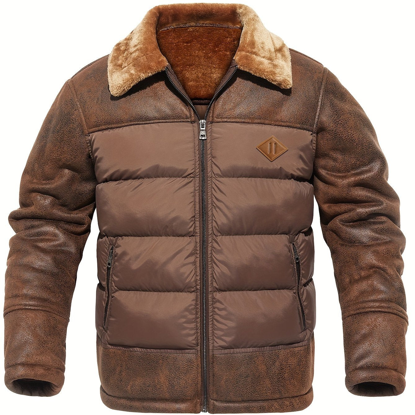 Men's Casual Winter Jacket - Warm Fleece-Lined Coat with Zippered Pockets, Brown & Beige Design, Perfect for Outdoor Activities & Casual Attire, Cold Weather Gear | Sleek Look | Suedelike Finish, Winter Clothes