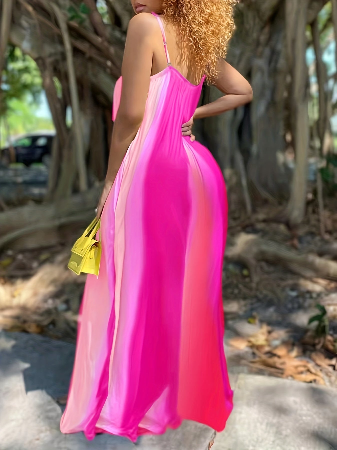 [Plus Size Maxi Dress] Elegant Plus Size Tie Dye V Neck Loose Cami Maxi Dress, Women's Slight Stretch Long Dress