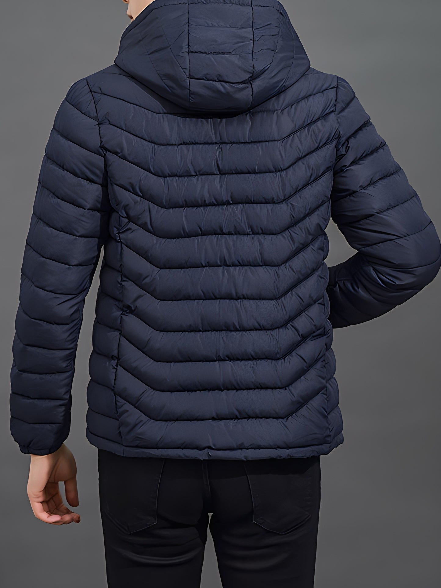 Men's Elegant Hooded Winter Jacket - Warm, Windproof with Removable Hood & Zipper Pockets