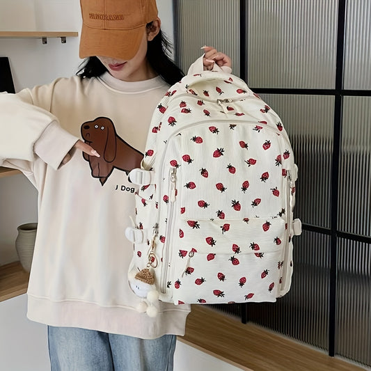 Women's Floral & Ladybug Print Backpack with Plush Fleece Lining - Adjustable Strap, Soft Shell School Backpack with Heart Cutouts & Pom-Pom Charm, Beige & Red Design, Zipper Closure, Lining & Fleece Exterior for Casual, Coll