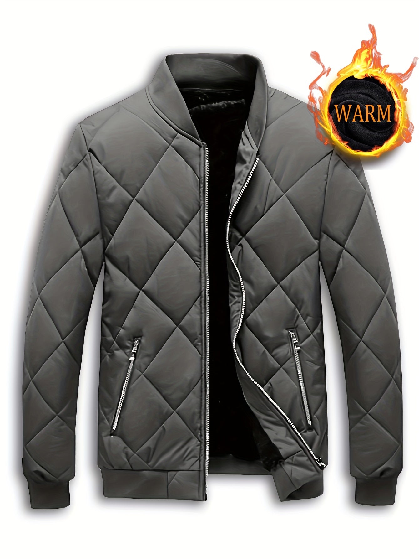 Cozy Fleece Winter Jacket - Quilted, Baseball Collar, Zipper Pockets, Water-Resistant, Breathable, Soft, Men's Casual Coat for Outdoor Activities