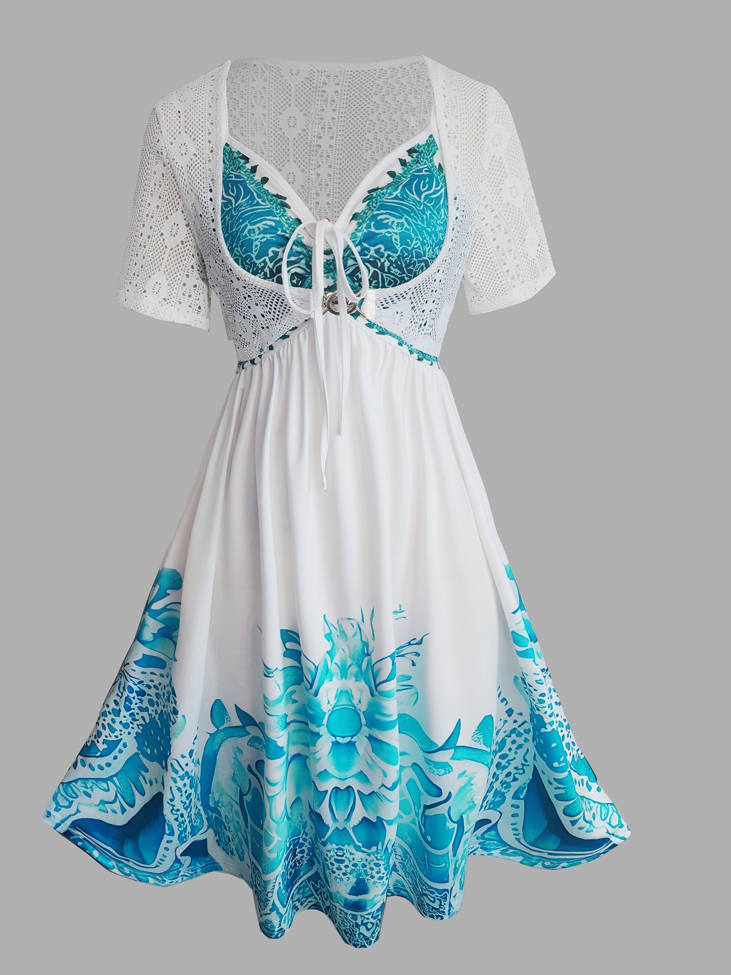 Vacation Ethnic Positioning Print Strap Skirt with Crochet Hollow Lace Short Outerwear Dress Two-Piece Set, Totem Print Vacation Two-Piece Dress Set, Spring and Summer Wearable Dress Two-Piece Set