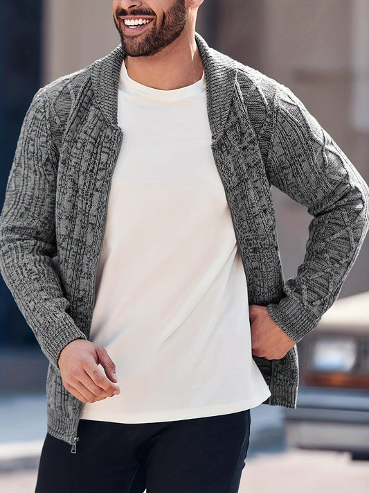 Mens Shawl Neck Cardigan Sweater Cable Knit Zip Up Closure with Pockets Winter Jacket Outerwear