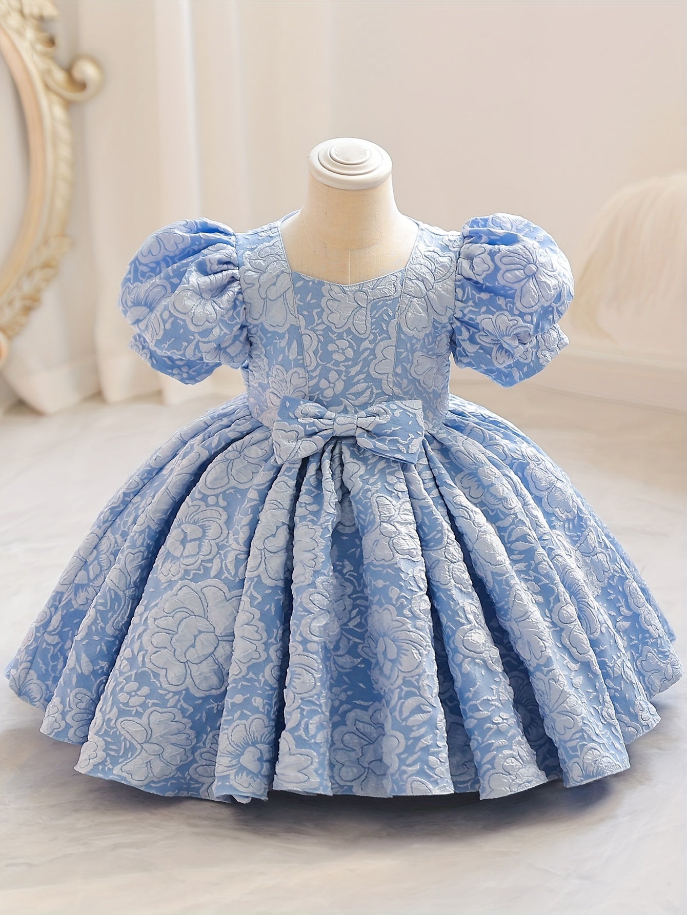 Elegant V-Neck Princess Dress for Girls - All-Season, Lantern Sleeves, Flared Hem & Cute Bow, Perfect for Parties, Pageants & Birthdays