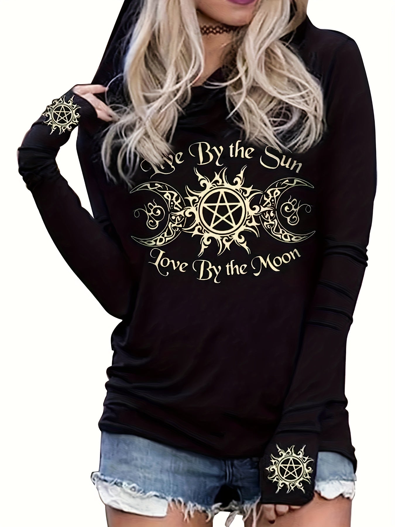 Gothic Print Hooded Long Sleeve T-Shirt for Women, Spring/Fall Casual Tops