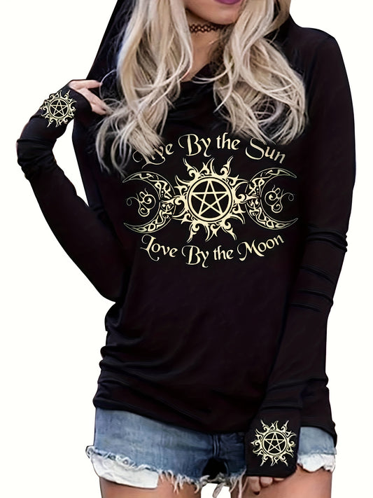 Gothic Print Hooded Long Sleeve T-Shirt for Women, Spring/Fall Casual Tops