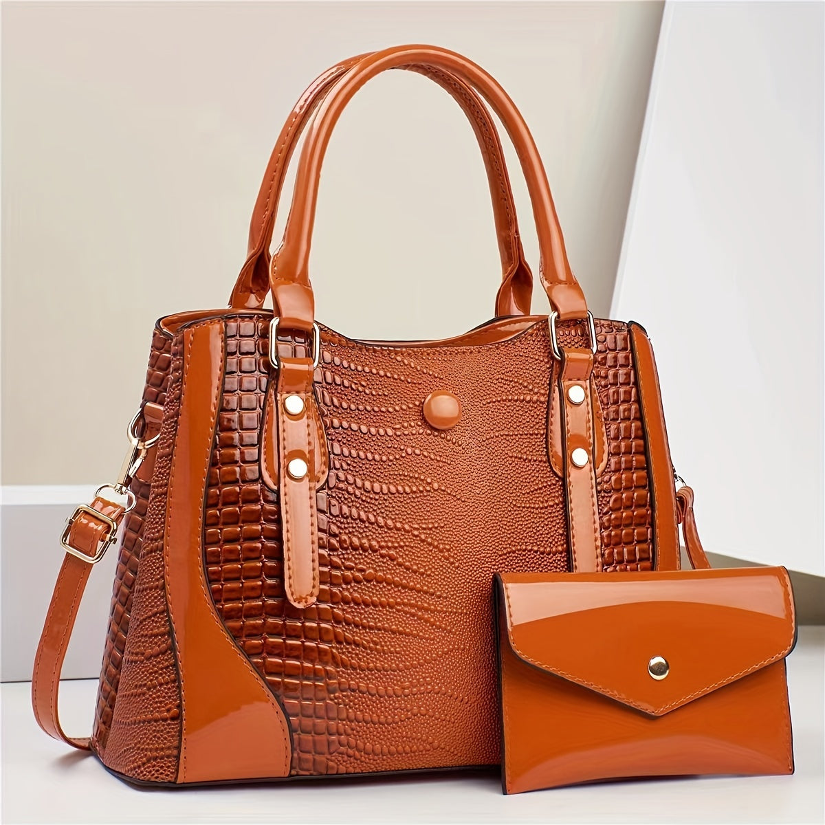 2-Piece Set Crocodile-Embossed PU Leather Handbags, Large Capacity Retro Style Bag, Fashionable Tote & Crossbody Bag For Women With Shoulder Strap