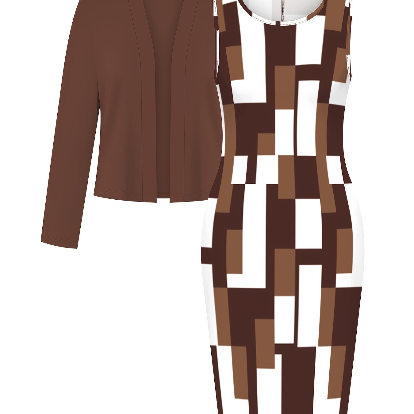 Elegant Women'S Two-Piece Dress Suit Set - Long Sleeve Solid Cardigan Jacket & Geometric Print Knit Dress - Polyester Blend with Stretch (95% Polyester, 5% Elastane) - Versatile All-Season Wear
