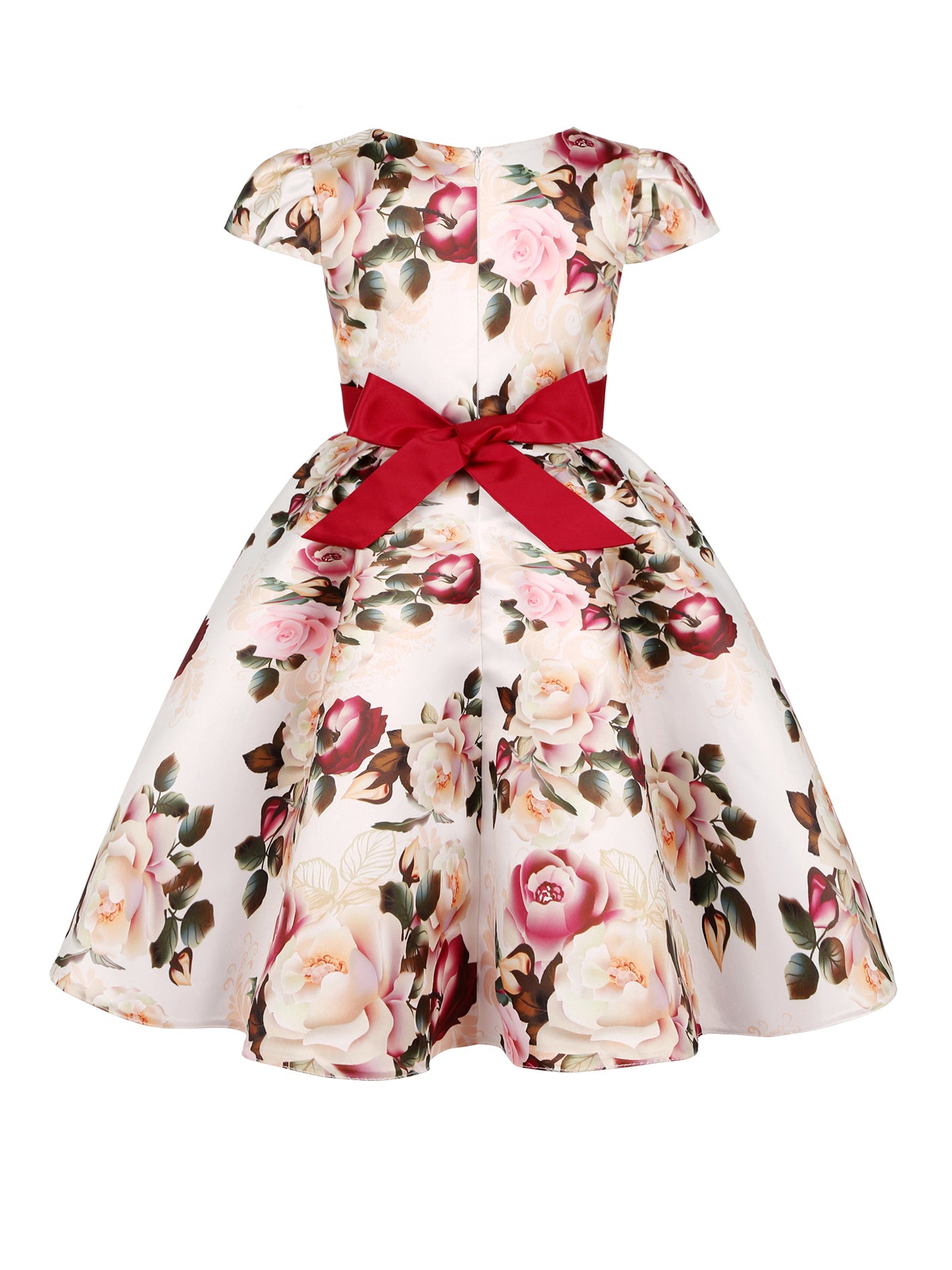 Children Eden Girls' Elegant Rose Floral Print A-Line Party Dress with Ruffled Short Sleeves & Ribbon Bow - Pink & Beige Floral Print, Slim-Fit Waist, Machine Washable, All-Season Wear for Weddings, Easter, Birthdays (Ages 3-