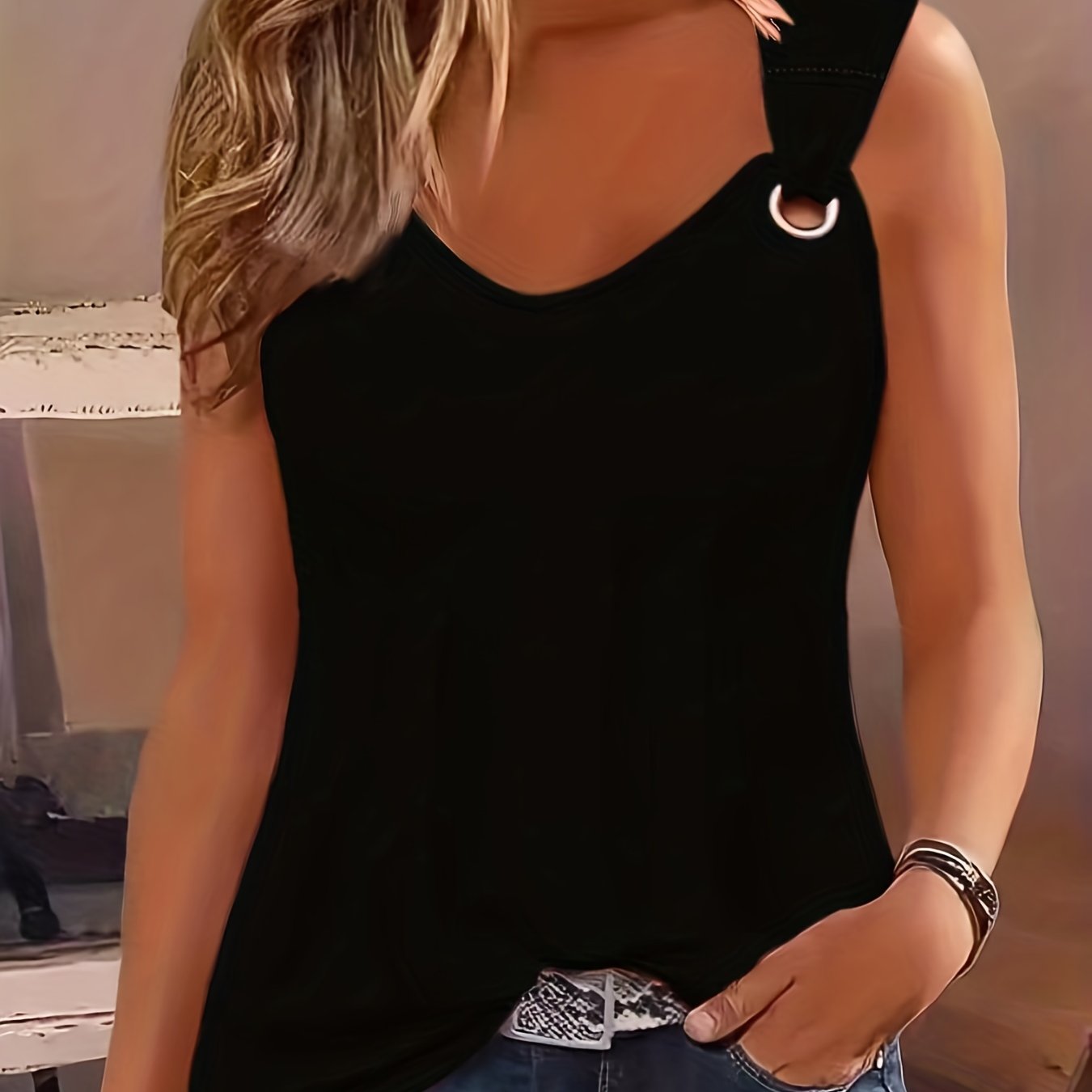 Women's Casual Sleeveless Crew Neck Tank Top - Vibrant Coral Solid Color with Keyhole Cutouts & Ring Detail, Lightweight Summer Top, Machine Washable, Ladies Tank Tops, Easycare Clothing