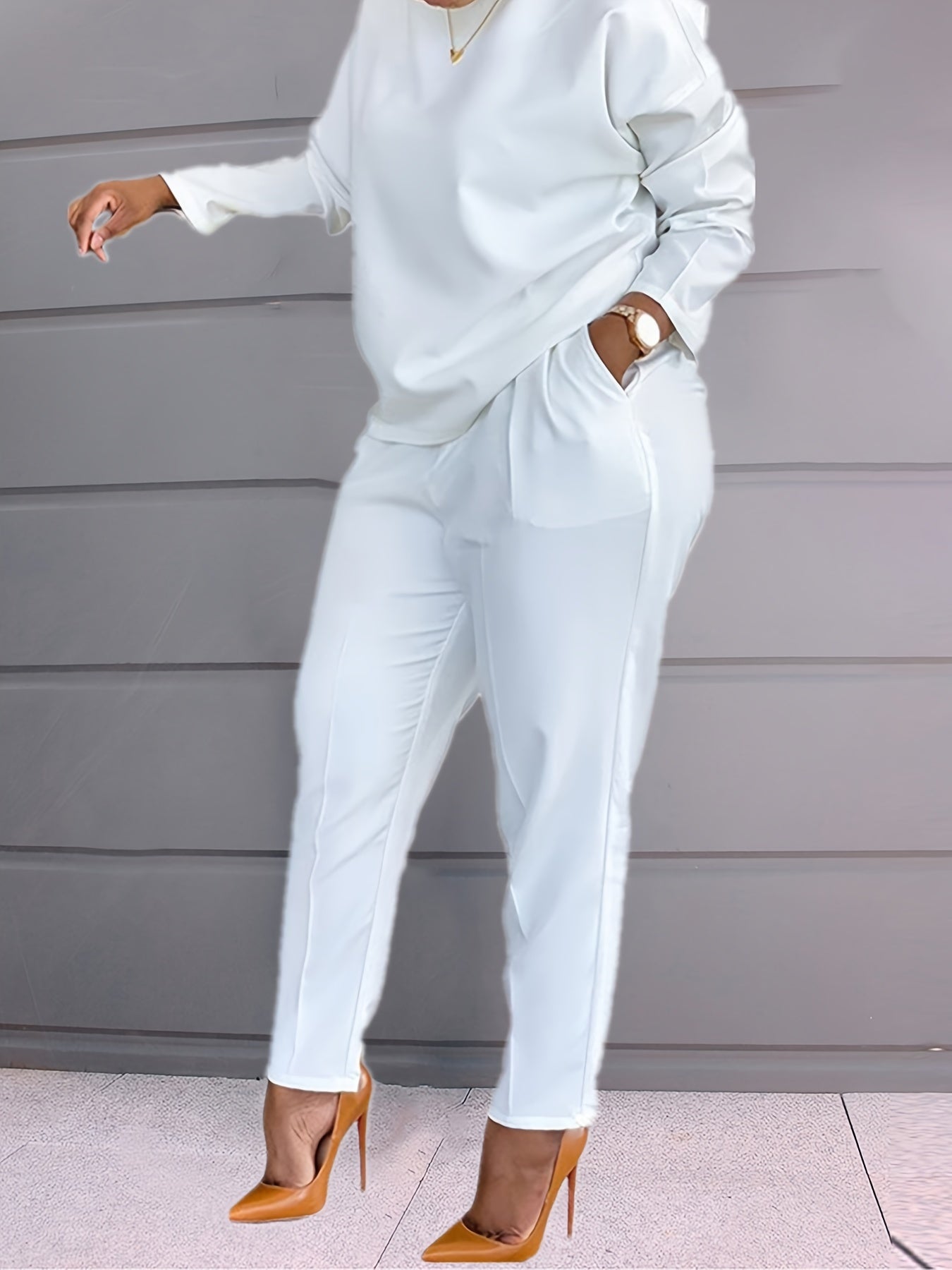 Solid Casual Two-piece Set, Crew Neck Long Sleeve Tops & Wide Leg Long Length Pants Outfits, Women's Clothing