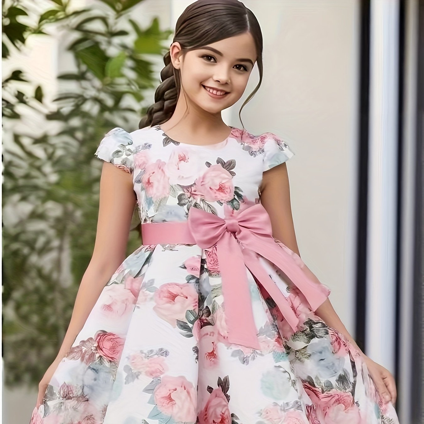 Children Eden Girls' Elegant Rose Floral Print A-Line Party Dress with Ruffled Short Sleeves & Ribbon Bow - Pink & Beige Floral Print, Slim-Fit Waist, Machine Washable, All-Season Wear for Weddings, Easter, Birthdays (Ages 3-
