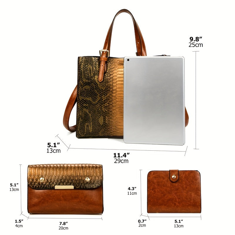 [Vintage Crocodile Handbags] 3-Piece Set Stylish Women's Faux Leather Handbags, Crocodile Pattern Tote With Matching Clutch & Wallet, Vintage Design Crossbody Bag