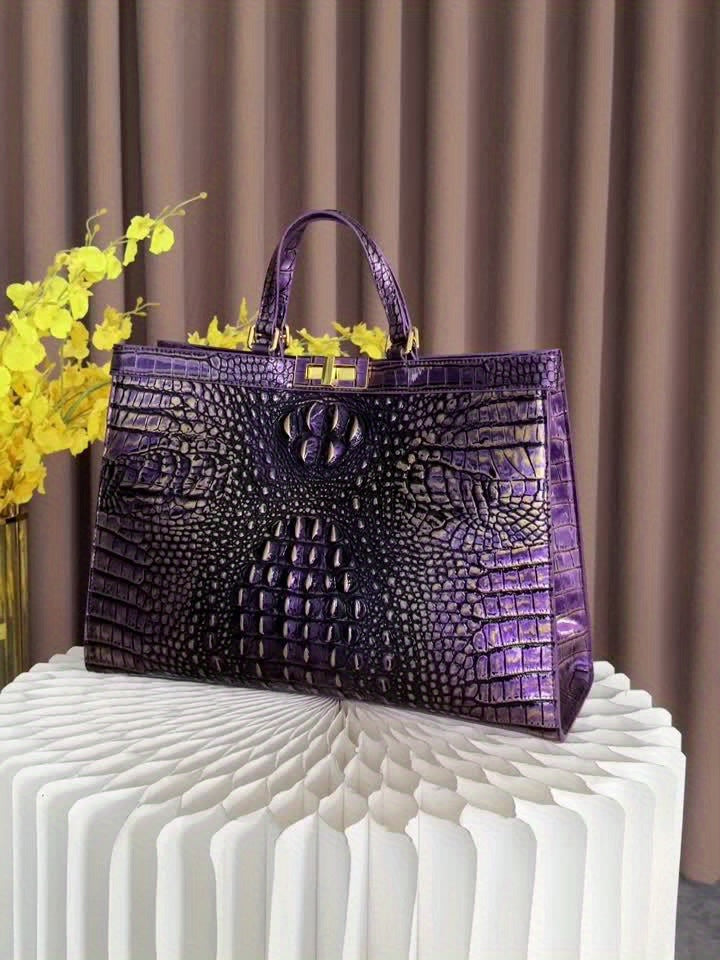 Elegant Crocodile-Embossed Tote Bag For Women - Chic Pu Leather Shoulder Handbag With Secure Twist Lock Closure, Perfect For Work & Everyday Fashion Leather Handbags For Women Leather Handbag