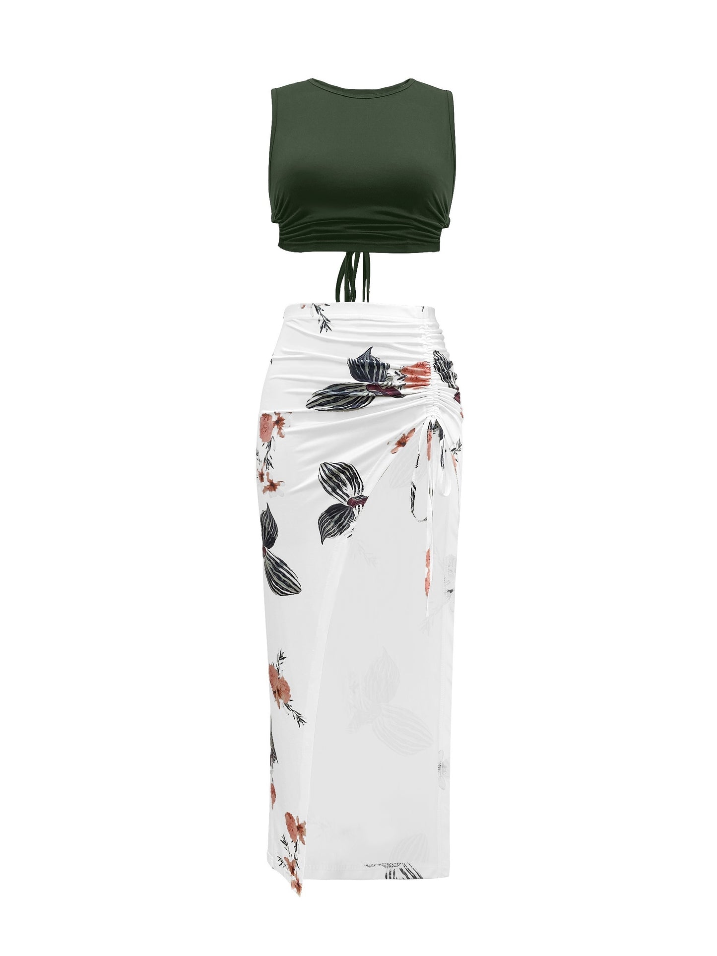 Casual Spring & Summer Two-piece Set, Solid Slim Cropped Tops & Floral Print Split Thigh Skirts Outfits, Women's Clothing