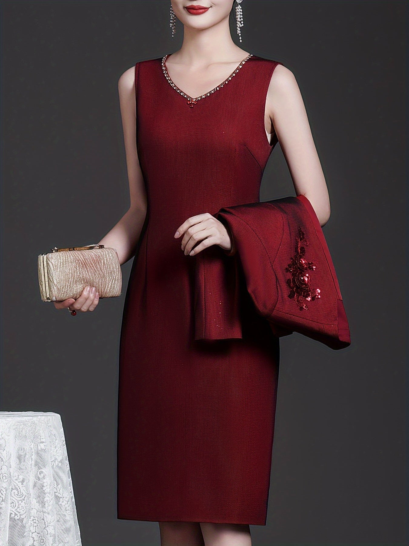 Wine Red Two-piece Dress Set Elegant Slim, Long Sleeve Coat Embroidered Top And Sleeveless Sundress Women
