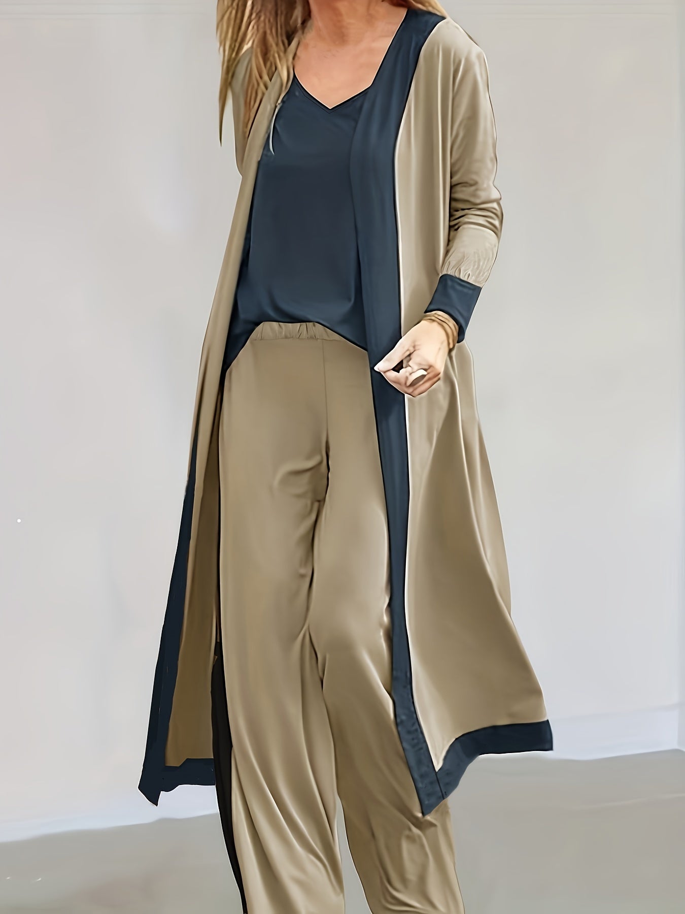 Chic Color Block Three-Piece Outfit Set - Comfy Cardigan, Flattering V-Neck Tops & Flowy Pants - Womens Casual Fashion Wardrobe Staple
