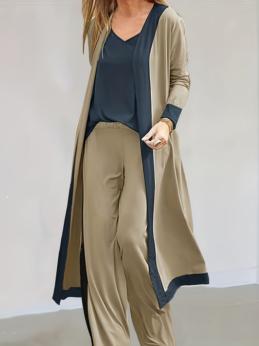 Chic Color Block Three-Piece Outfit Set - Comfy Cardigan, Flattering V-Neck Tops & Flowy Pants - Womens Casual Fashion Wardrobe Staple