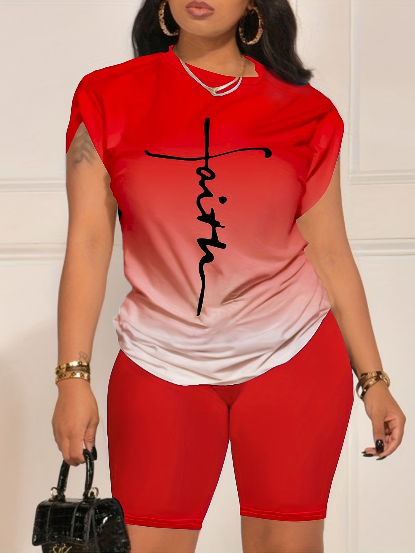 Casual Daily Two-piece Set, Faith Letter Print Short Sleeve Tops & Solid Shorts Outfits, Women's Clothing