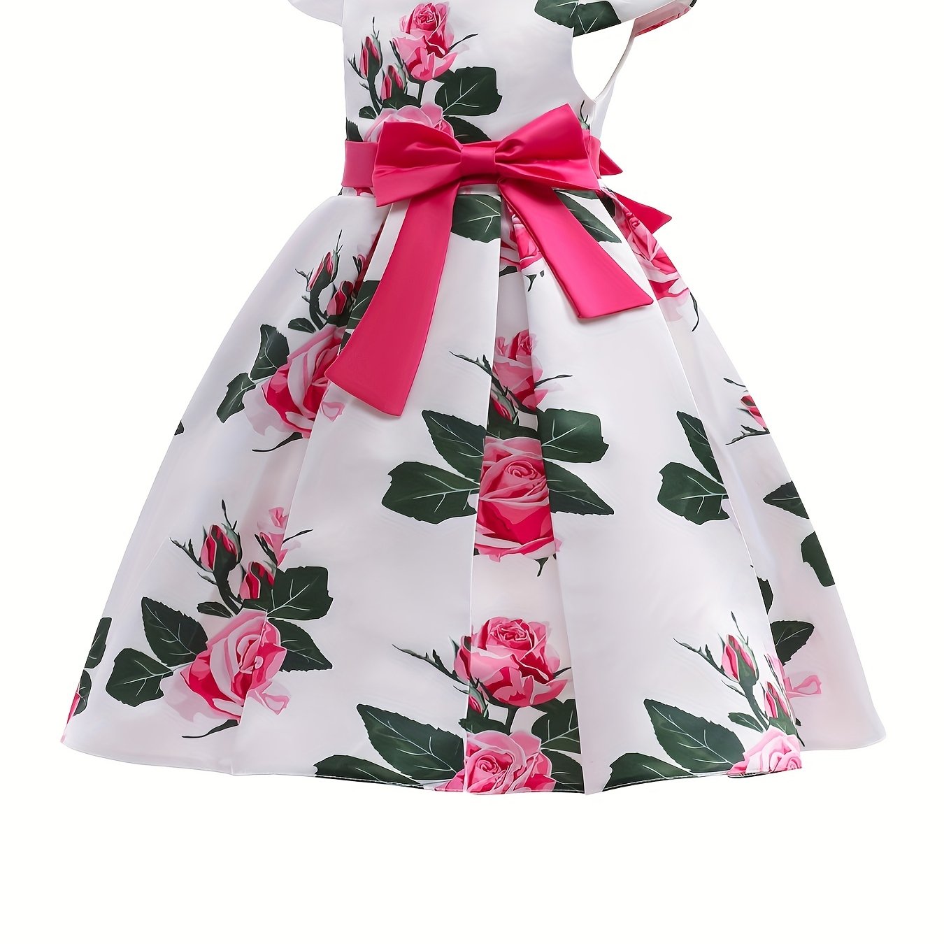 Children Eden Girls' Elegant Rose Floral Print A-Line Party Dress with Ruffled Short Sleeves & Ribbon Bow - Pink & Beige Floral Print, Slim-Fit Waist, Machine Washable, All-Season Wear for Weddings, Easter, Birthdays (Ages 3-