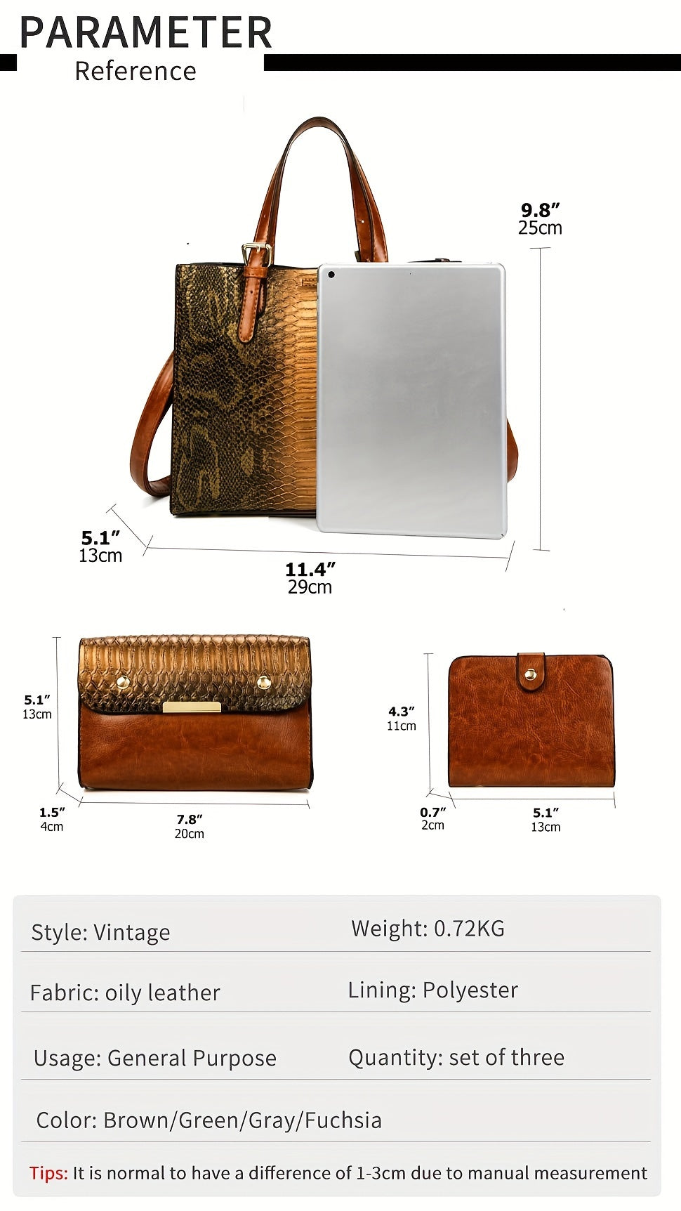 [Vintage Crocodile Handbags] 3-Piece Set Stylish Women's Faux Leather Handbags, Crocodile Pattern Tote With Matching Clutch & Wallet, Vintage Design Crossbody Bag