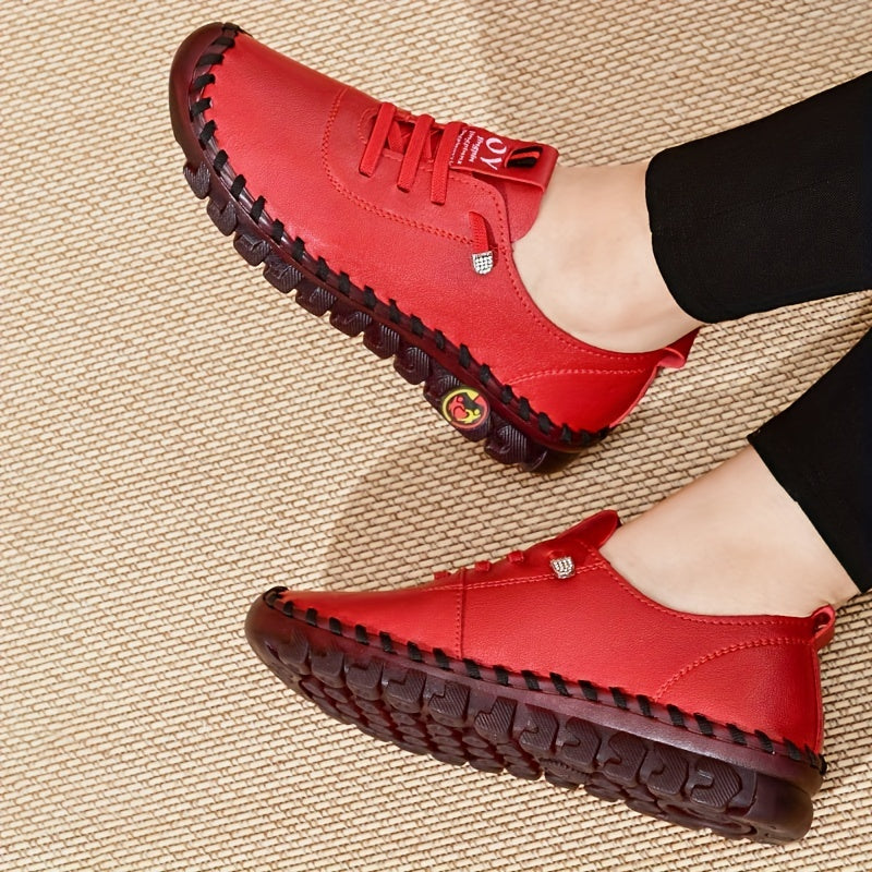 Women's Beige & Burgundy Round-Toe Casual Shoes - All-Season Synthetic Cover-like Upper with Cushioned PVC Sole, Round-Toe Walking Shoes for Square Dance, Dance Practice, Daily Wear - Comfortable Dress Footwear (Hand Washable
