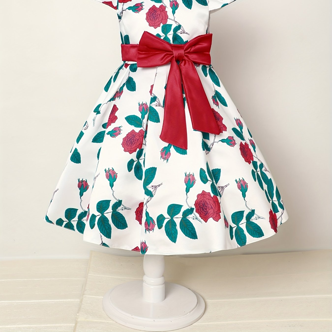 Children Eden Girls' Elegant Rose Floral Print A-Line Party Dress with Ruffled Short Sleeves & Ribbon Bow - Pink & Beige Floral Print, Slim-Fit Waist, Machine Washable, All-Season Wear for Weddings, Easter, Birthdays (Ages 3-