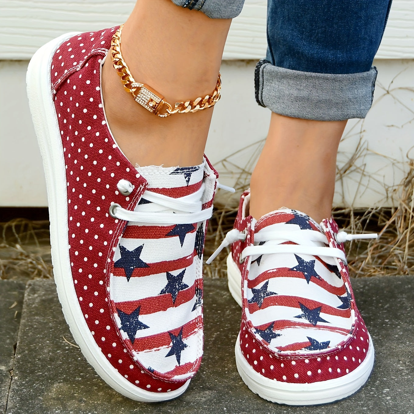 [Comfortable Skateboard Shoes] Summer Independence Day Ladies Soft-Soled Outdoor Skateboard Shoes, Casual Striped Star Low-Top Comfortable Large Women's Shoes