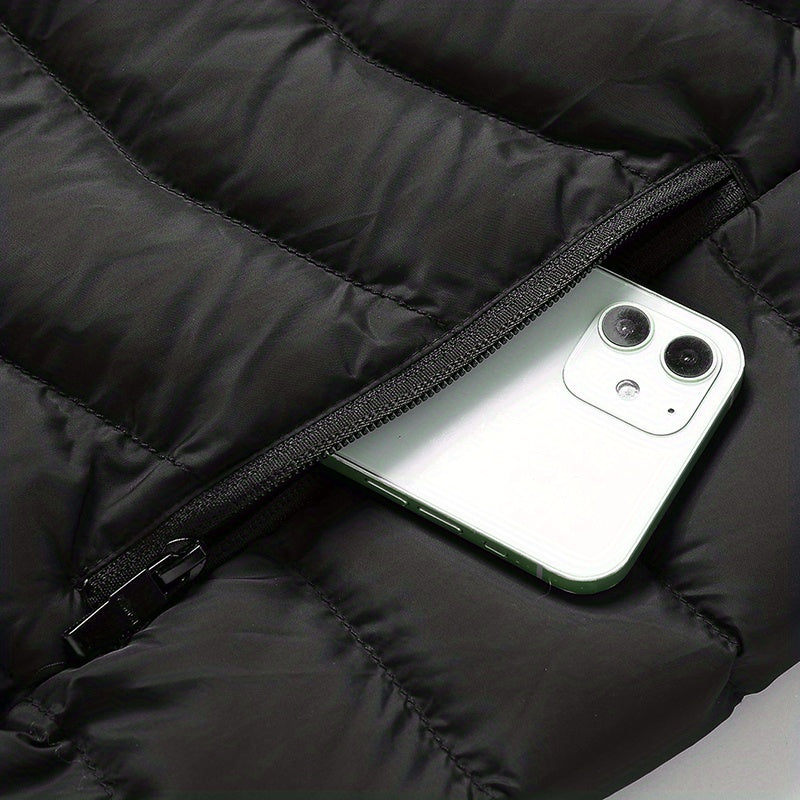 Men's Lightweight Heated Jacket - USB-Powered, Quilted Winter Coat with Adjustable Temperature Control, Zip-Up Hooded Design, Long Sleeves, Outdoor Warmth (Battery Not Included), Winter Jacket