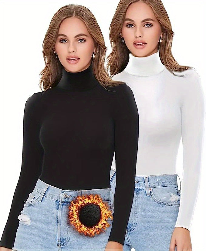 2-Pack Women'S Warm High Neck Turtleneck Long Sleeve Shirts, Casual Solid Color Knit Fabric Tops, Polyester 90% Spandex 10%, Regular Length for Fall/Winter