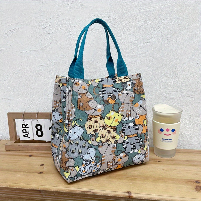 Cartoon Canvas Handbags, Cat Print Lunch Box Bag, Portable Storage Handbags For Work School