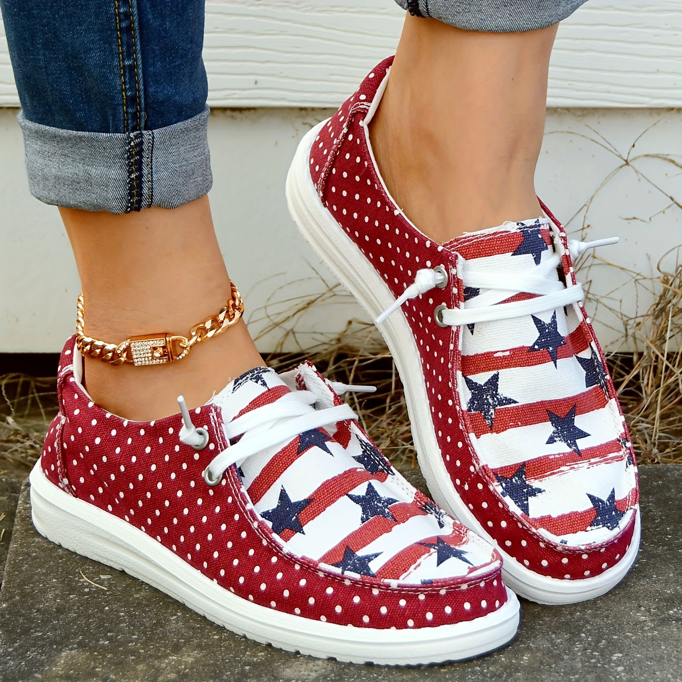 [Comfortable Skateboard Shoes] Summer Independence Day Ladies Soft-Soled Outdoor Skateboard Shoes, Casual Striped Star Low-Top Comfortable Large Women's Shoes