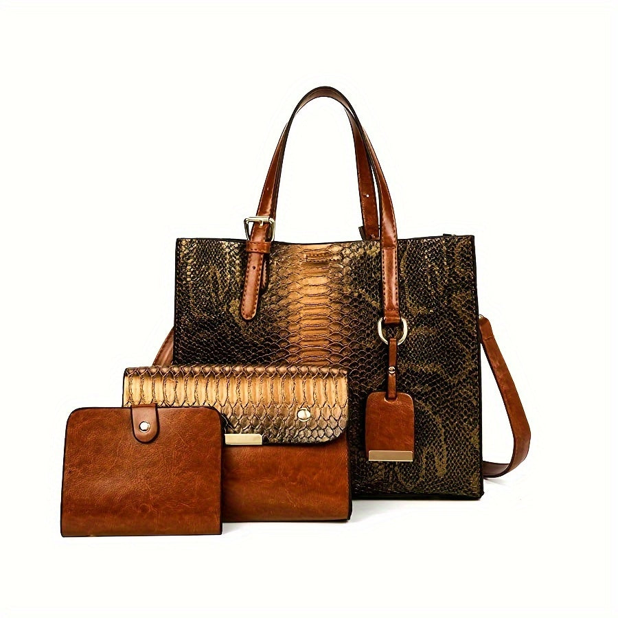 [Vintage Crocodile Handbags] 3-Piece Set Stylish Women's Faux Leather Handbags, Crocodile Pattern Tote With Matching Clutch & Wallet, Vintage Design Crossbody Bag