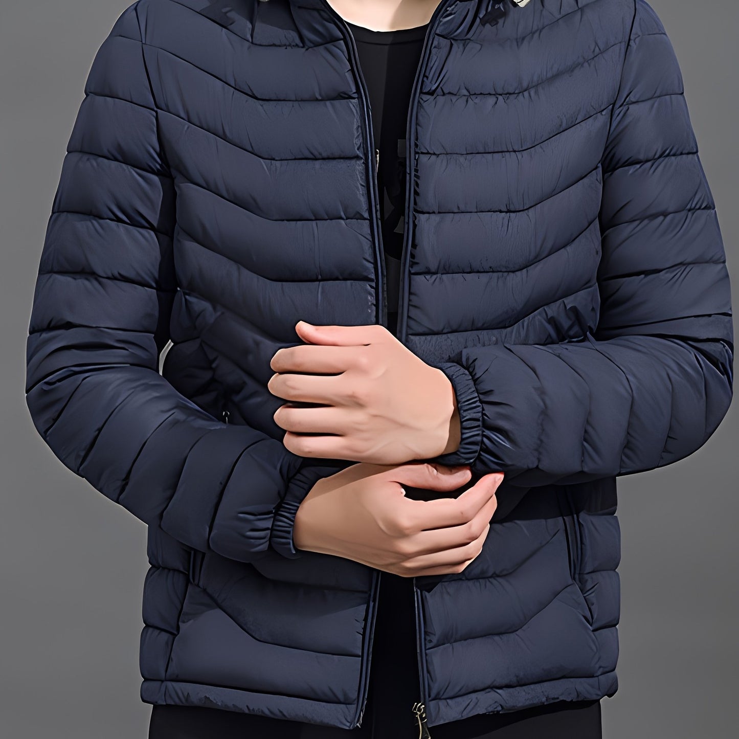 Men's Elegant Hooded Winter Jacket - Warm, Windproof with Removable Hood & Zipper Pockets