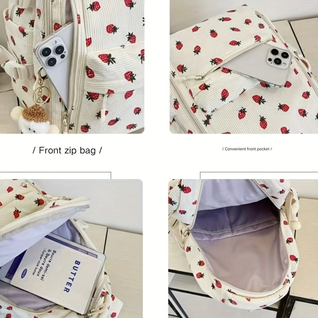 Women's Floral & Ladybug Print Backpack with Plush Fleece Lining - Adjustable Strap, Soft Shell School Backpack with Heart Cutouts & Pom-Pom Charm, Beige & Red Design, Zipper Closure, Lining & Fleece Exterior for Casual, Coll