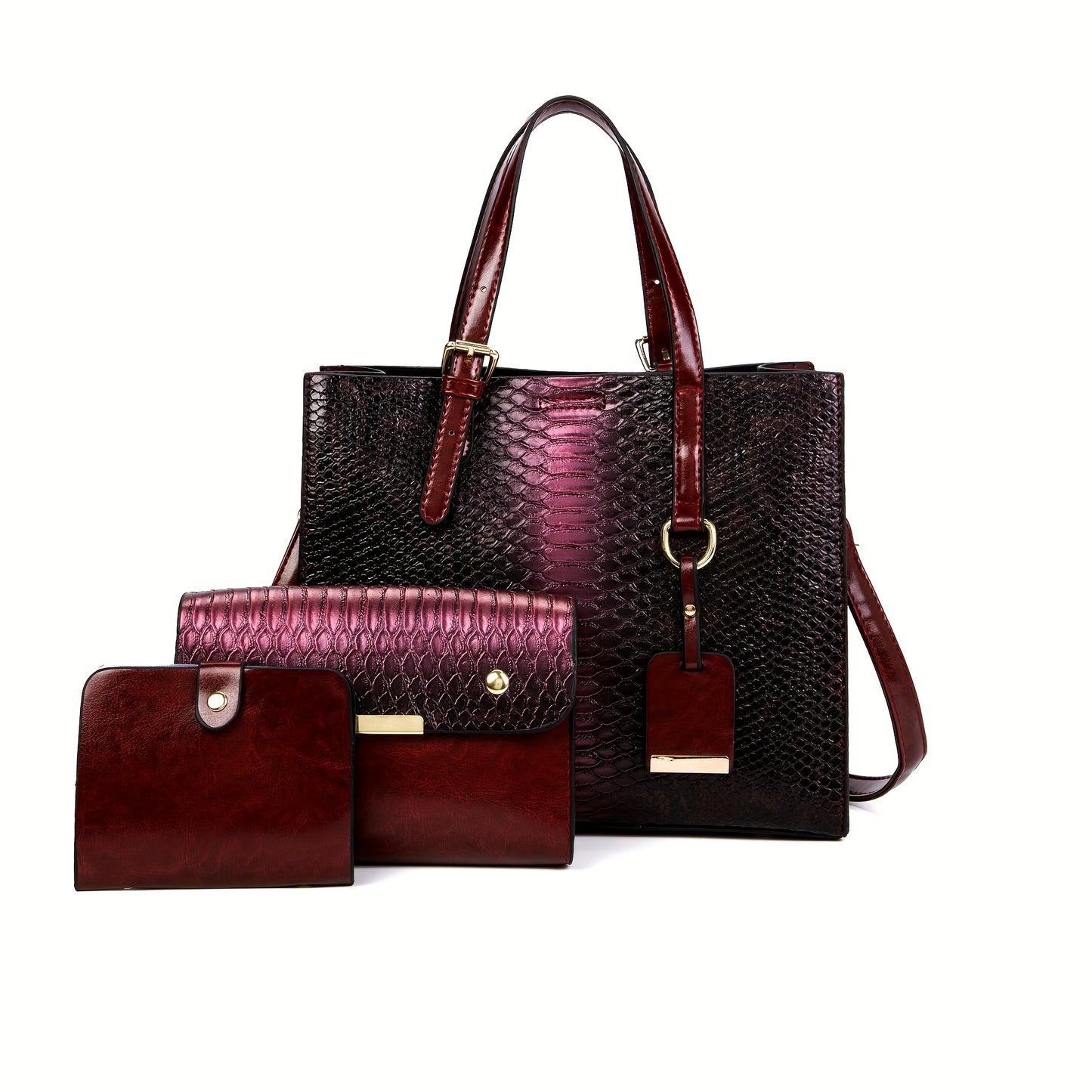 [Vintage Crocodile Handbags] 3-Piece Set Stylish Women's Faux Leather Handbags, Crocodile Pattern Tote With Matching Clutch & Wallet, Vintage Design Crossbody Bag