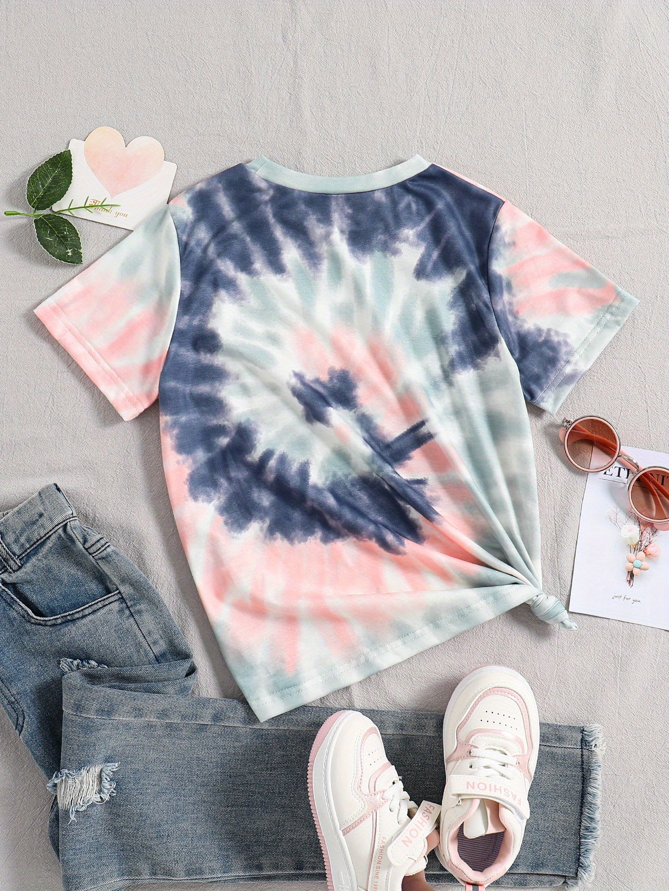 Vibrant Girls' Tie-Dye Graphic Crew Neck T-Shirt - Soft, Lightweight, and Comfortable Fit for Kids - Perfect Summer Tops Clothing for Casual Wear